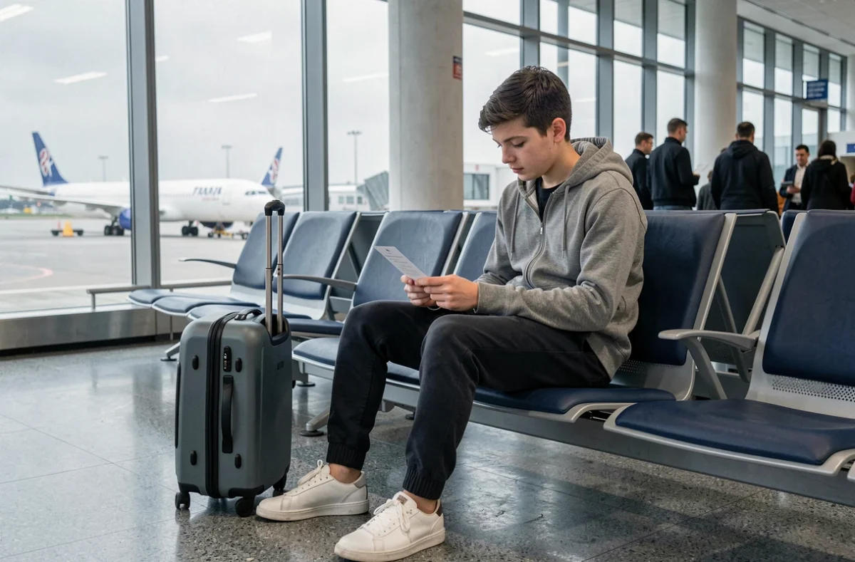 Jeune adolescent seul à la porte d'embarquement d'un aéroport avec sa valise et sa carte d'embarquement