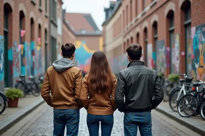 Jeunes adultes admirant un mur graffiti coloré en Belgique