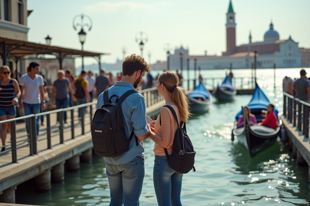 Jeune couple discutant sur un quai à Venise