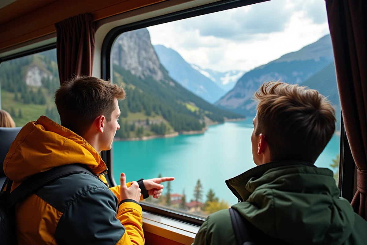 Deux jeunes hommes pointant vers un lac turquoise en montagne