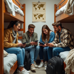 Groupe de jeunes voyageurs utilisant smartphones dans une chambre d'auberge