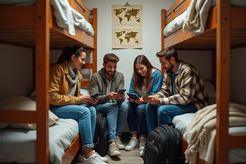 Groupe de jeunes voyageurs utilisant smartphones dans une chambre d'auberge