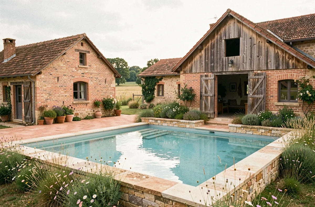 Piscine de La Ferme 1802 avec architecture en brique et bois de grange rénovée dans un cadre champêtre