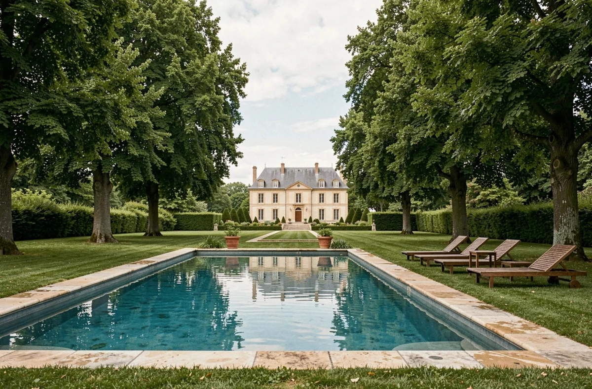 Piscine du Manoir Les Feuillantines entourée d'arbres centenaires et du manoir en pierre au fond