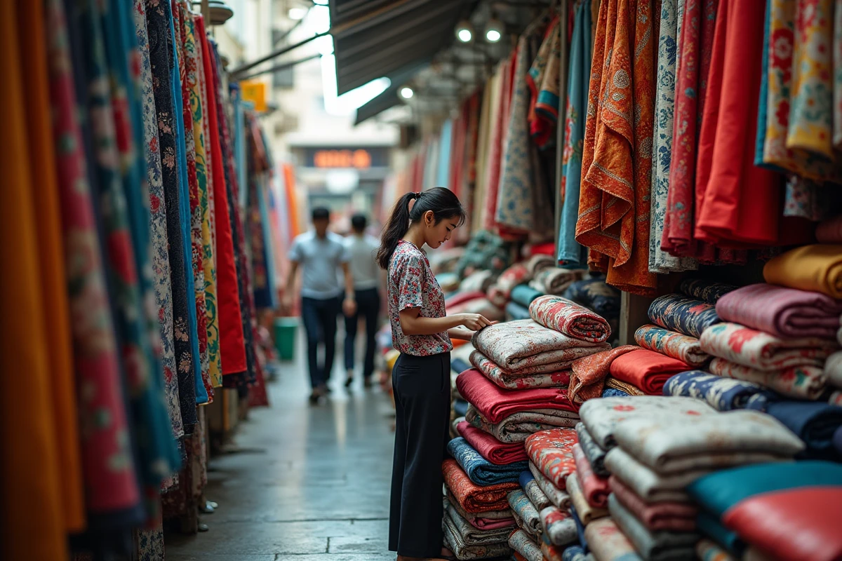 Jeune vendeuse organisant des rouleaux de tissu colorés dans le marché de gros textile Haizhu à Guangzhou
