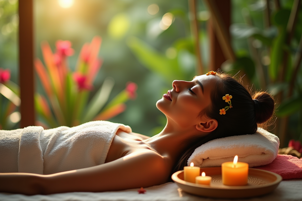 Massage ayurvedique shirodhara en plein air avec plantes tropicales