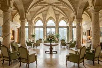 Vue panoramique d'un grand hôtel élégant en Auvergne-Rhône-Alpes avec architecture française raffinée et décor intérieur luxueux