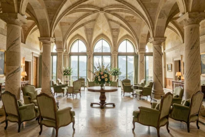 Vue panoramique d'un grand hôtel élégant en Auvergne-Rhône-Alpes avec architecture française raffinée et décor intérieur luxueux