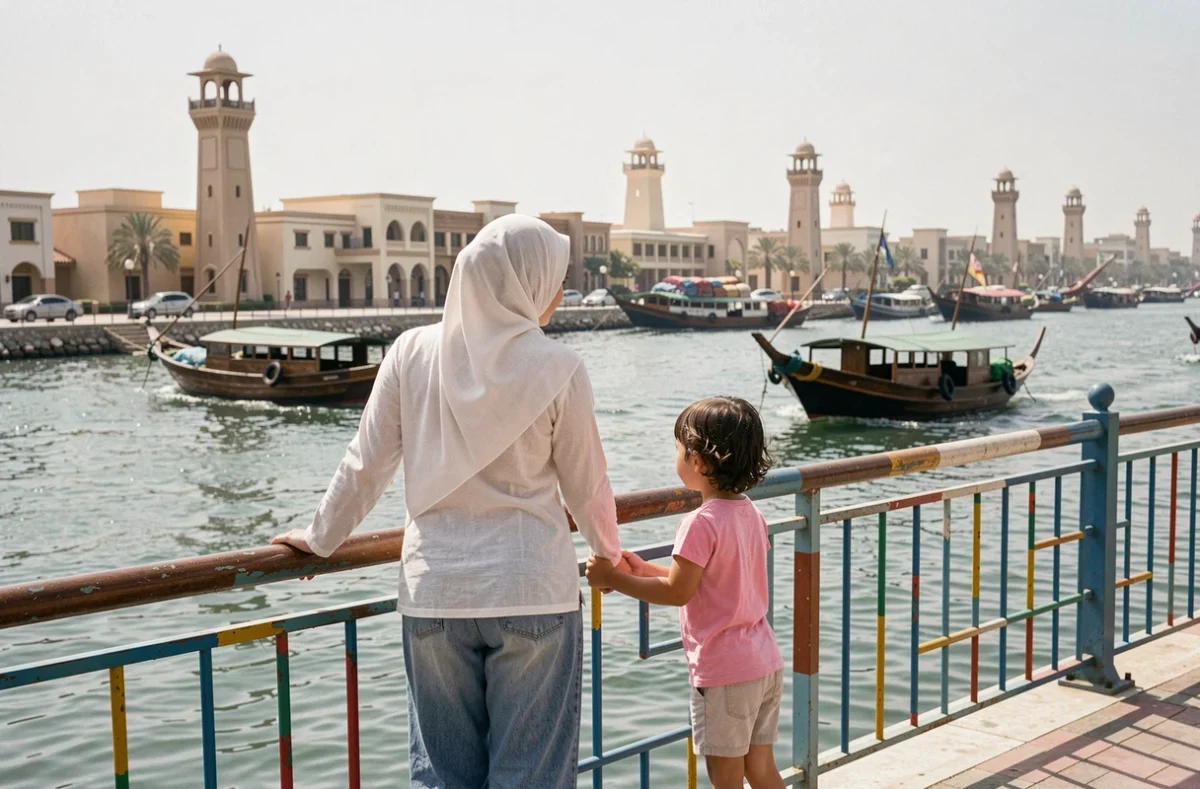 Mère et fille observant les bateaux abra traverser la Crique de Dubaï depuis la promenade de Deira