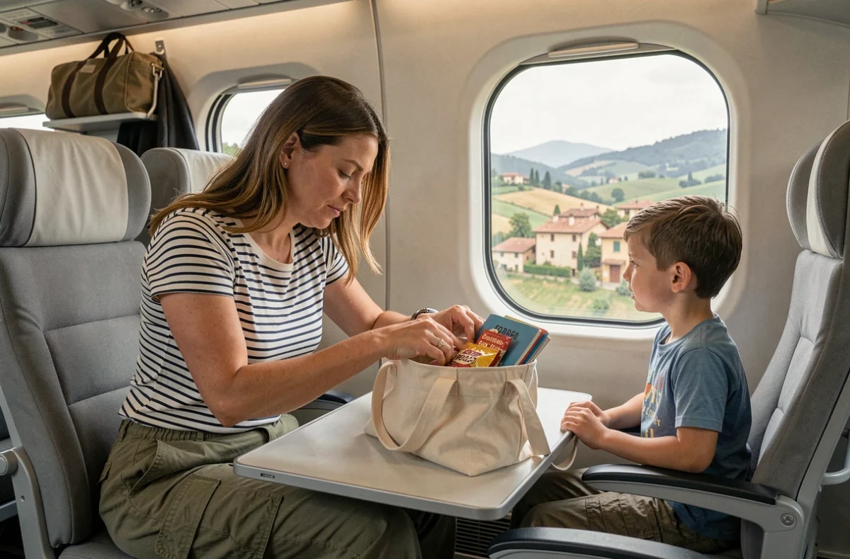 Mère organisant les affaires de voyage pour ses enfants à l'intérieur d'un train à grande vitesse avec paysage italien en arrière-plan