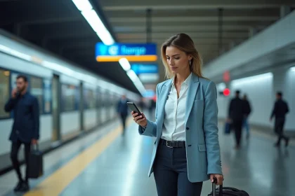Voyageuse consultant son smartphone sur le quai du métro de l'aéroport de Madrid Barajas pour calculer son trajet vers le centre-ville