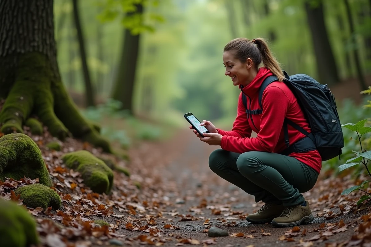 Une randonneuse utilise le mode hors ligne de Mappy en zone blanche dans une forêt, consultant un itinéraire sauvegardé sans connexion réseau sur son smartphone