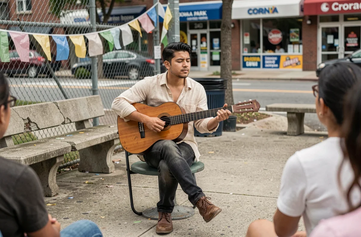 Jeune musicien latino jouant de la guitare cuatro sur une place en béton à Corona Park, Queens, entouré de passants écoutant en silence dans un cadre urbain authentique