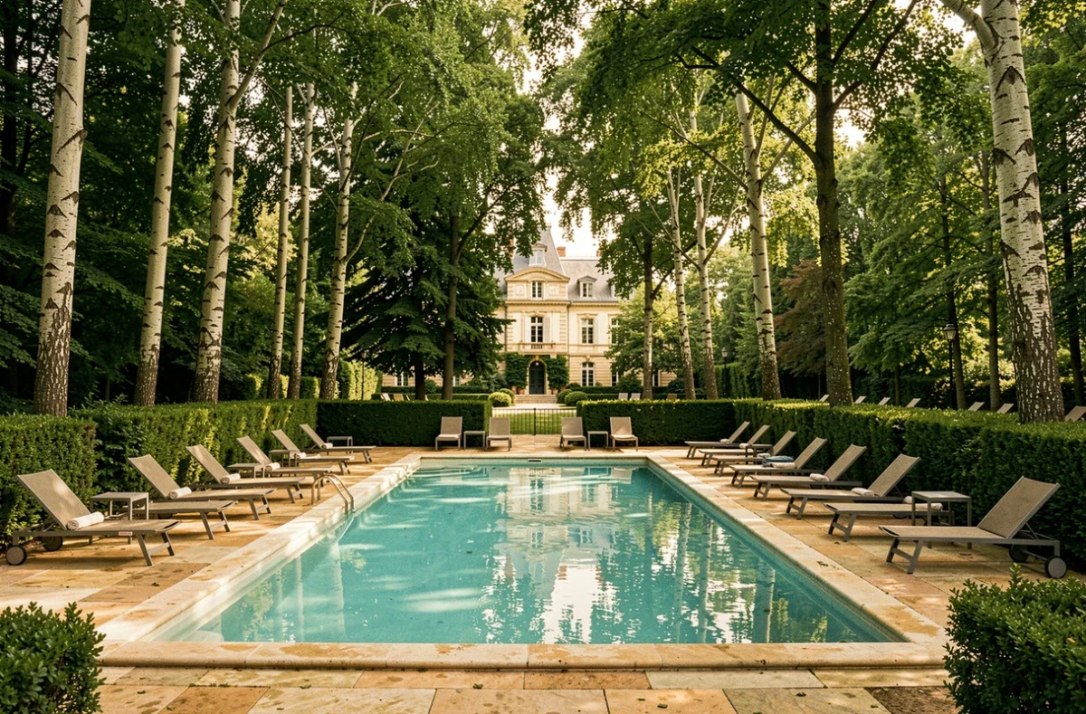 Piscine du Najeti Hôtel du Parc entourée d'un parc boisé avec l'architecture Belle Époque de l'hôtel en fond