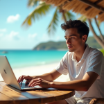 Jeune nomade digital travaillant en extérieur face à la mer