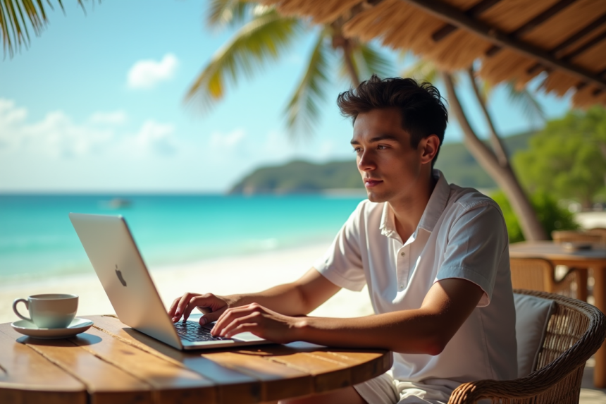 Jeune nomade digital travaillant en extérieur face à la mer