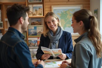 Femme souriante distribuant des brochures à un couple à l'office de tourisme