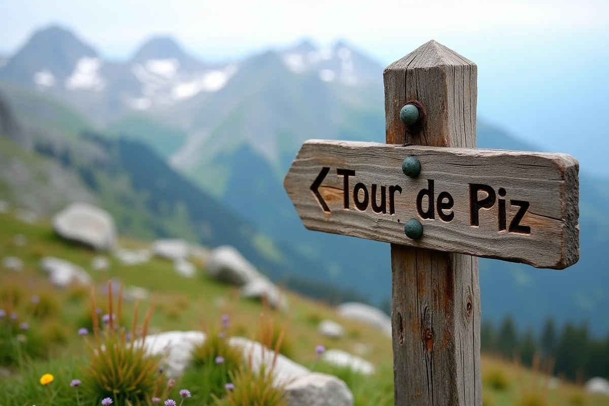 Panneau indicateur en bois vers la Tour de Piz sur un sentier de montagne avec paysage alpin en arrière-plan