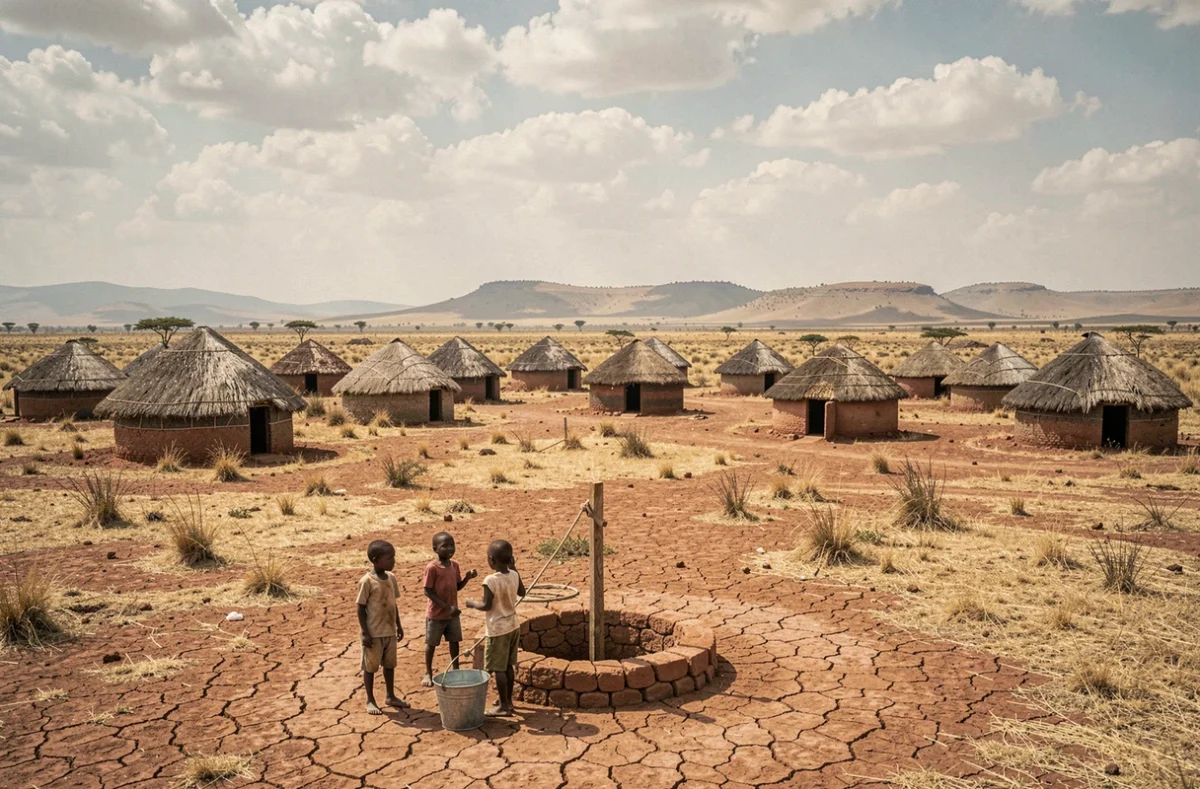Vue panoramique du village isolé de Koriom au Soudan du Sud avec huttes traditionnelles en pisé et savane aride à l'horizon