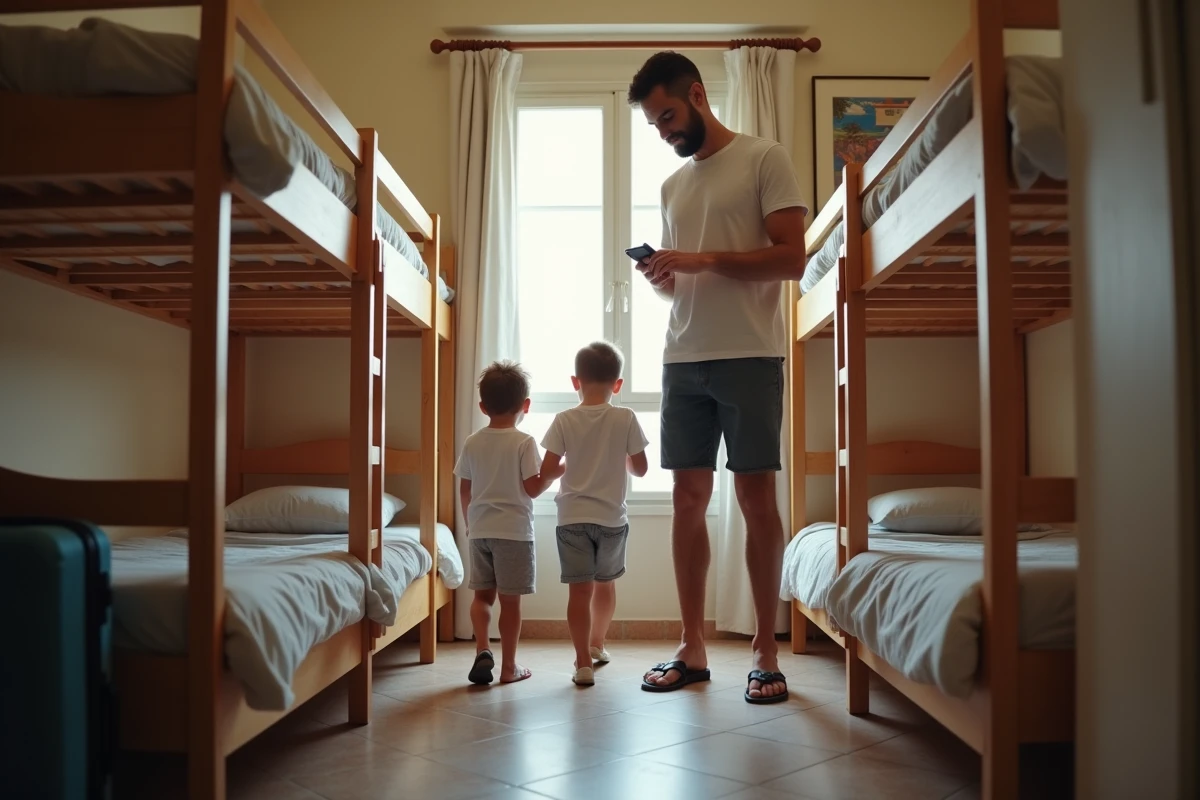 Père guidant ses enfants dans une chambre d Airbnb