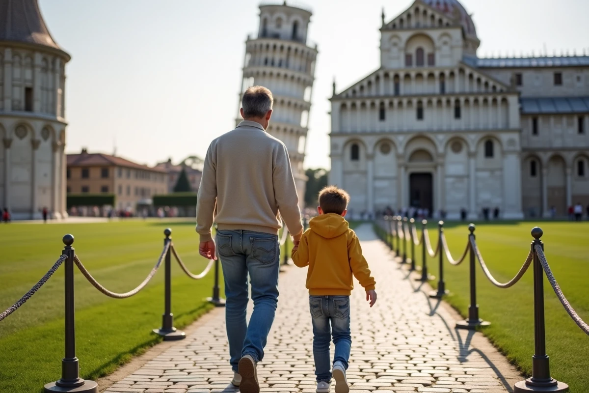 Père et fils marchant sur le chemin près de la tour de Pise