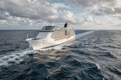 Grand paquebot de croisière traversant l'Atlantique en pleine mer avec des vagues et un ciel nuageux