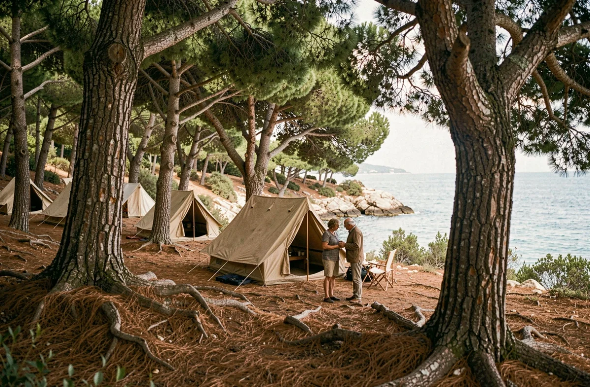 Parc Camping de Pramousquier au Lavandou avec emplacements intimistes sous les pins dans une crique préservée