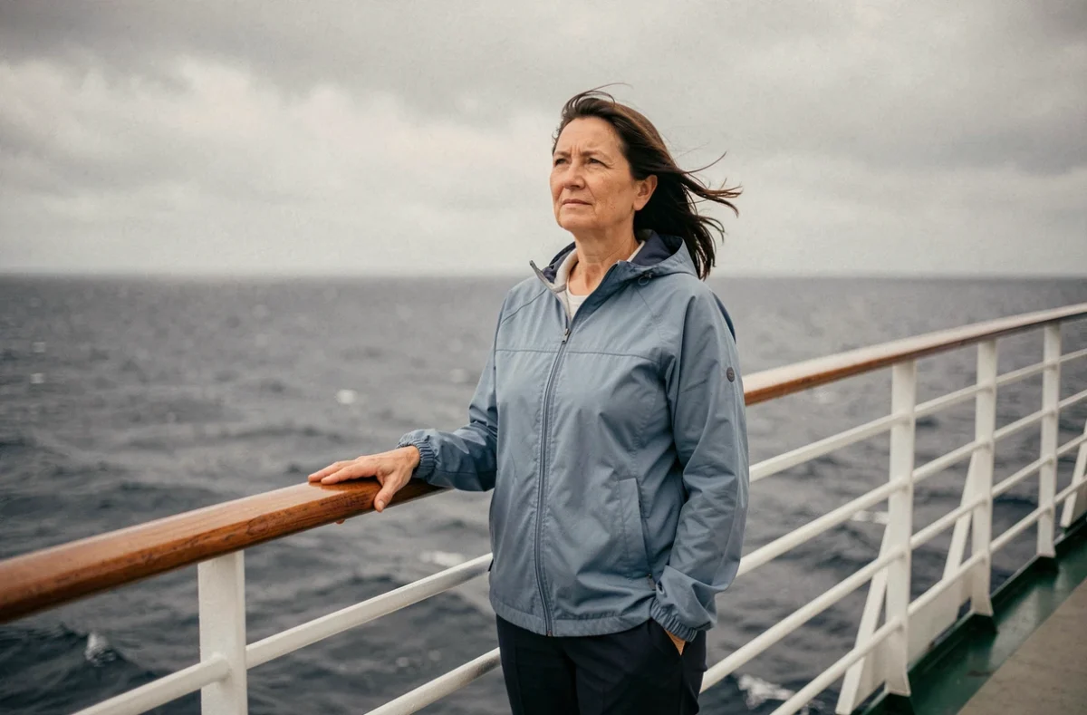 Femme au bastingage d'un paquebot regardant l'horizon pendant une traversée transatlantique