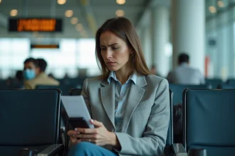 Passagère frustrée consultant son téléphone dans un aéroport face à un vol retardé
