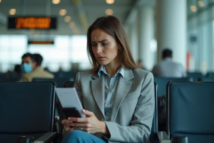 Passagère frustrée consultant son téléphone dans un aéroport face à un vol retardé