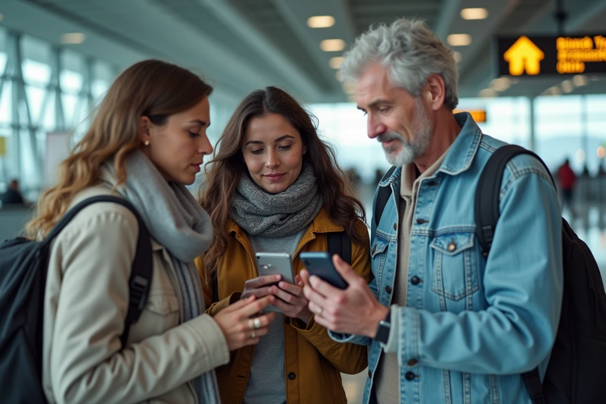 Groupe de passagers consultant AirHelp sur smartphone dans la zone de récupération des bagages