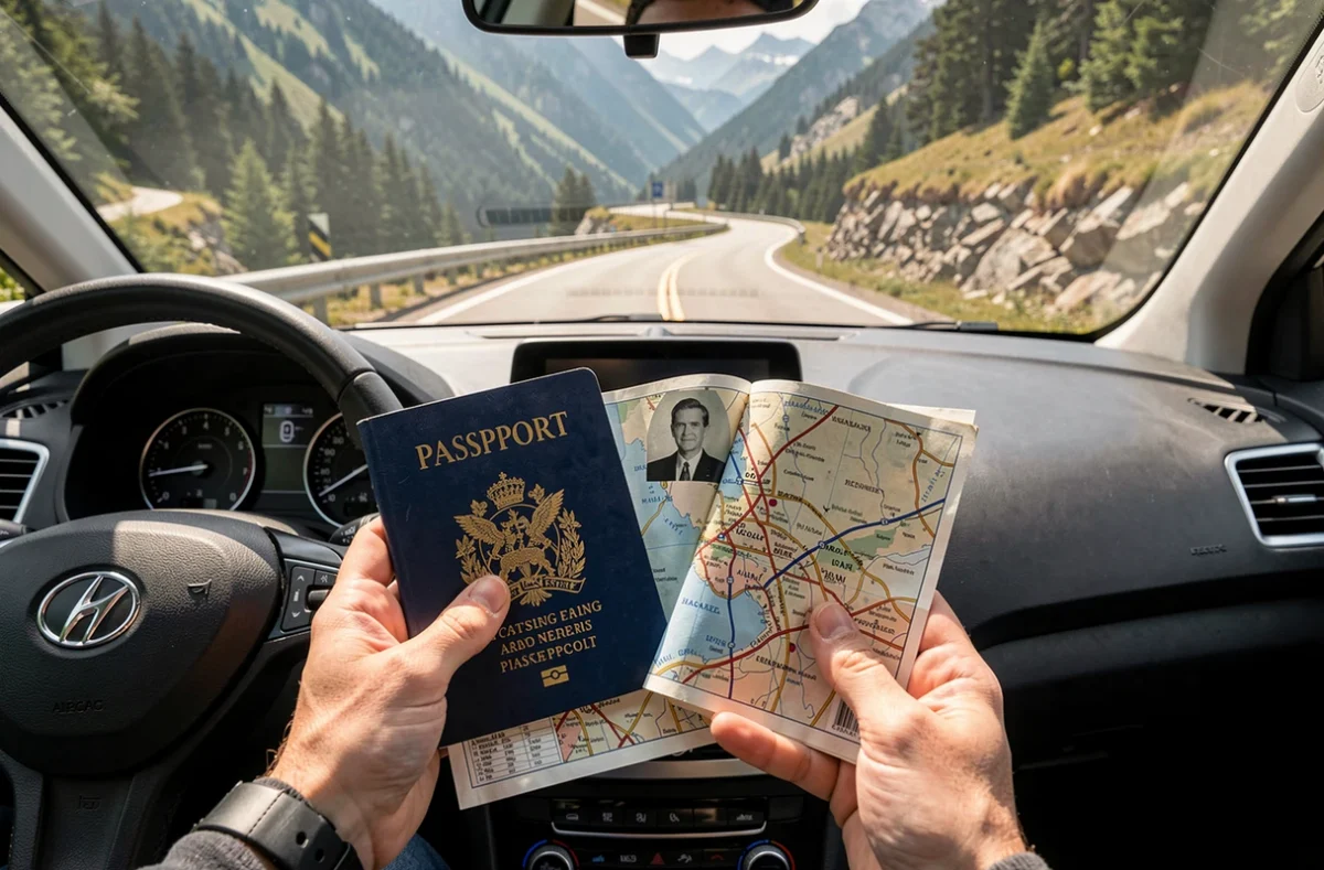 Passeport et carte routière posés sur le tableau de bord d'une voiture