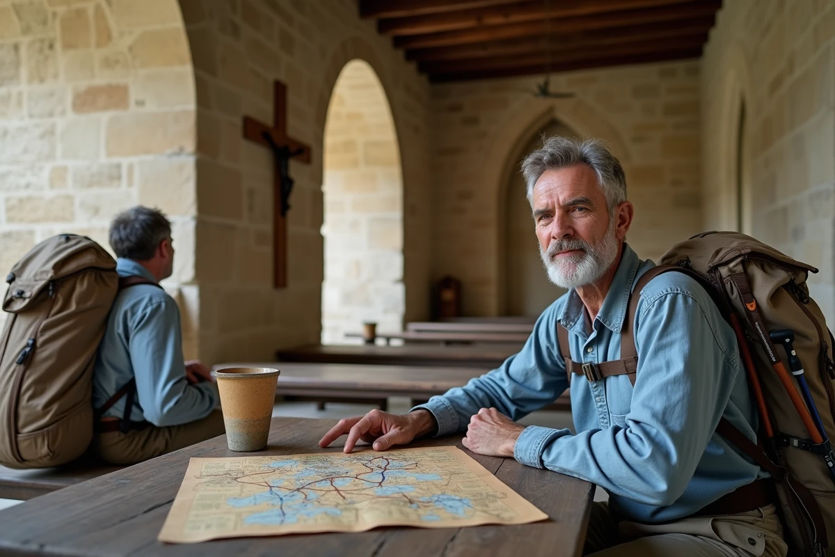 Pèlerin étudiant un itinéraire de Compostelle dans le réfectoire d'une abbaye normande en pierre