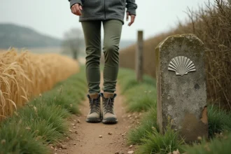 Pèlerine devant un jalon de chemin de Compostelle en Normandie avec un sentier rural en arrière-plan