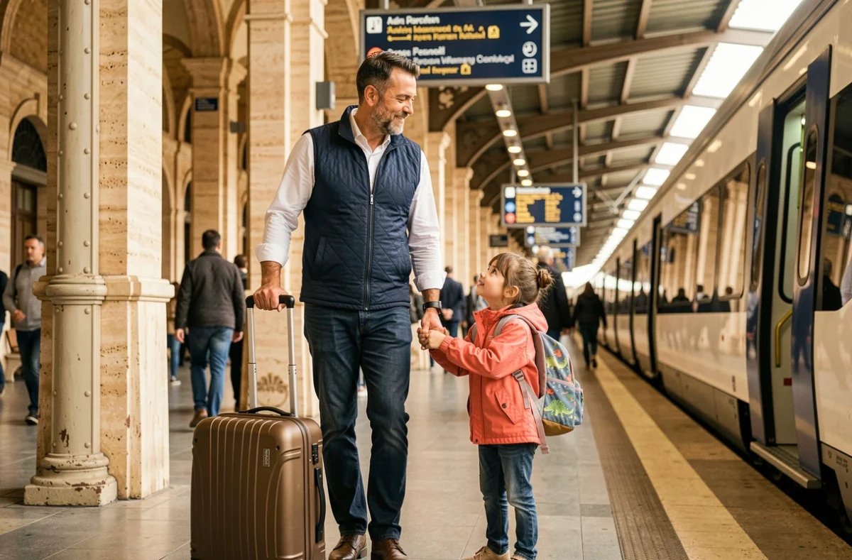 Père et sa fille arrivant sur un quai de gare italienne avec valises et bagages à main lors d'un voyage en famille