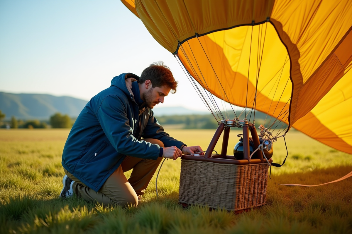 Jeune pilote préparant une montgolfiere dans un champ en été