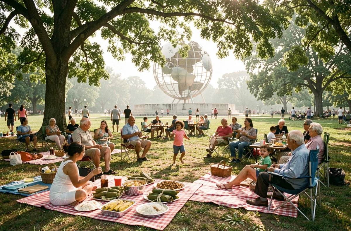 Familles latinos multigénérationnelles en pique-nique dans Flushing Meadows Corona Park avec l'Unisphere en arrière-plan, plats traditionnels et enfants jouant sur l'herbe