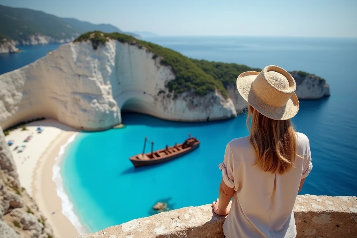 Voyageuse admirant la plage de Navagio et son épave depuis le belvédère de la falaise à Zakynthos