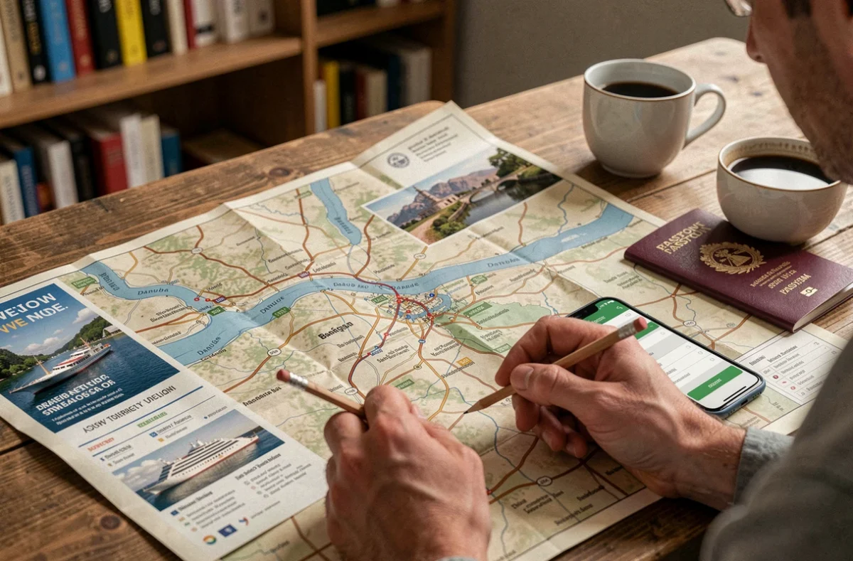 Planification d'une croisière sur le Danube avec carte, brochure et passeport sur une table