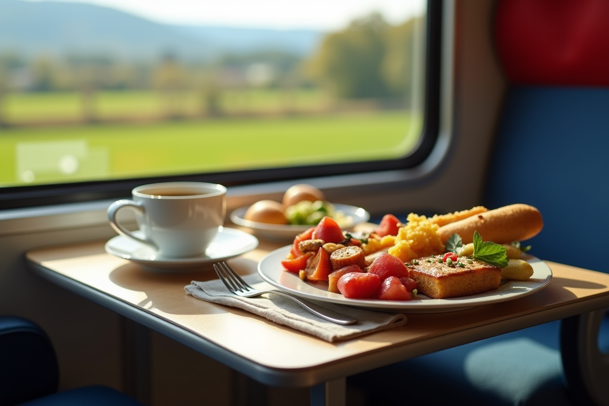Plateau repas européen avec café vue sur la campagne à la fenêtre