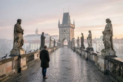 Le pont Charles de Prague à l'aube avec ses statues baroques et la silhouette du château dans la brume matinale