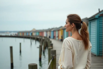 Femme sur le port ostréicole d'Arcachon avec les cabanes colorées en arrière-plan