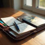 Porte-feuilles de voyage organisé sur une table en bois avec passeports et billets