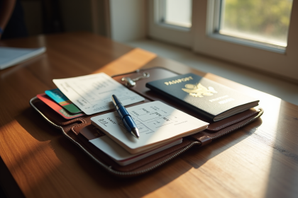 Porte-feuilles de voyage organisé sur une table en bois avec passeports et billets
