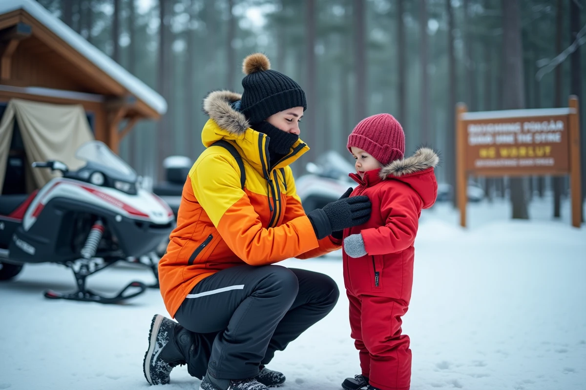 Mère aidant son jeune enfant à enfiler ses moufles avant une sortie aurore boréale en Finlande, tenues hivernales adaptées au grand froid