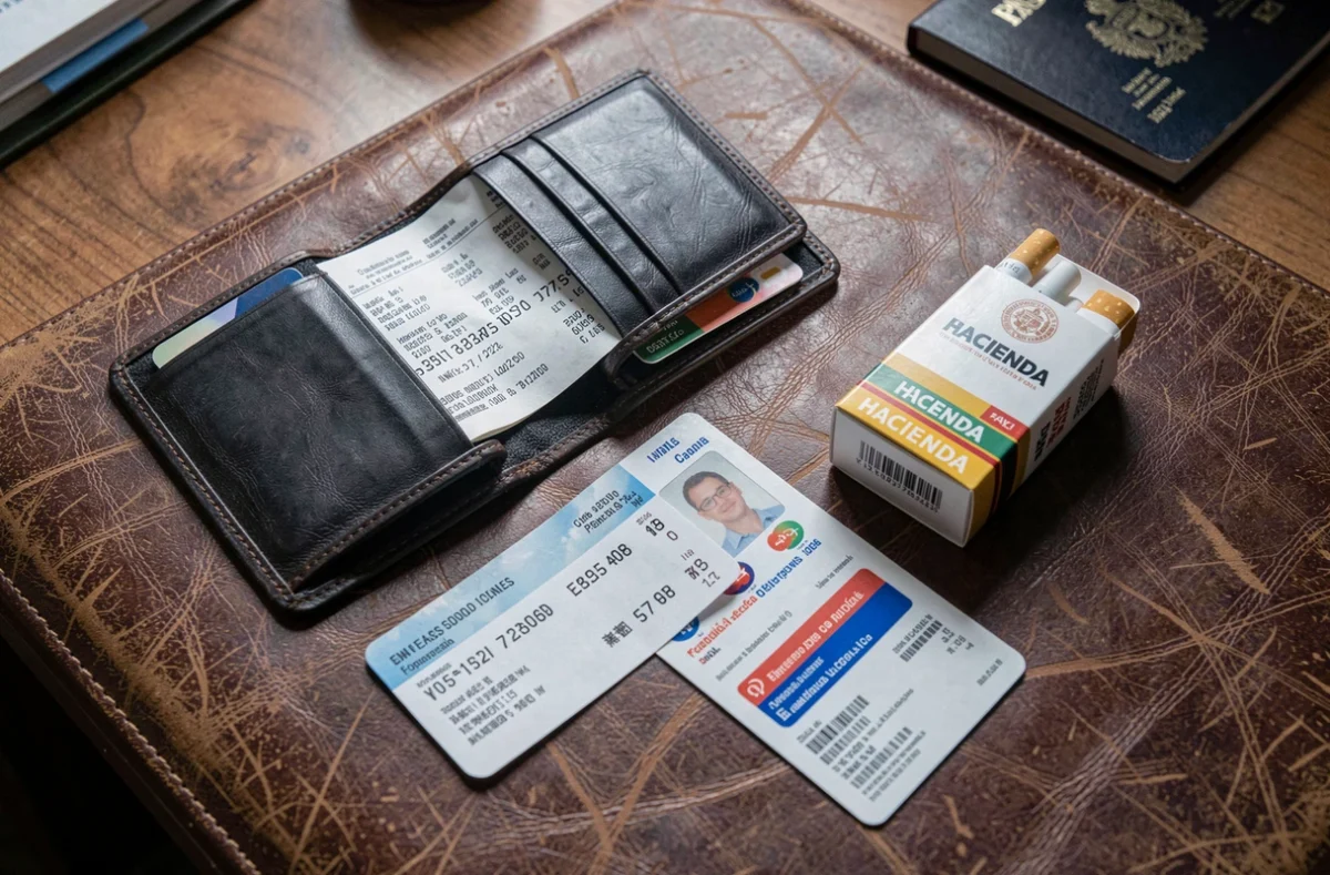 Documents prouvant l'achat légal de cartouches de cigarettes en Espagne : ticket de caisse, reçu carte bancaire et cartouche avec vignette fiscale