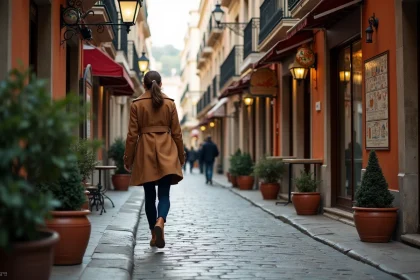 Femme se promenant dans une rue pavée du centre historique de Malaga en hiver avec des orangers et des façades de bars à tapas