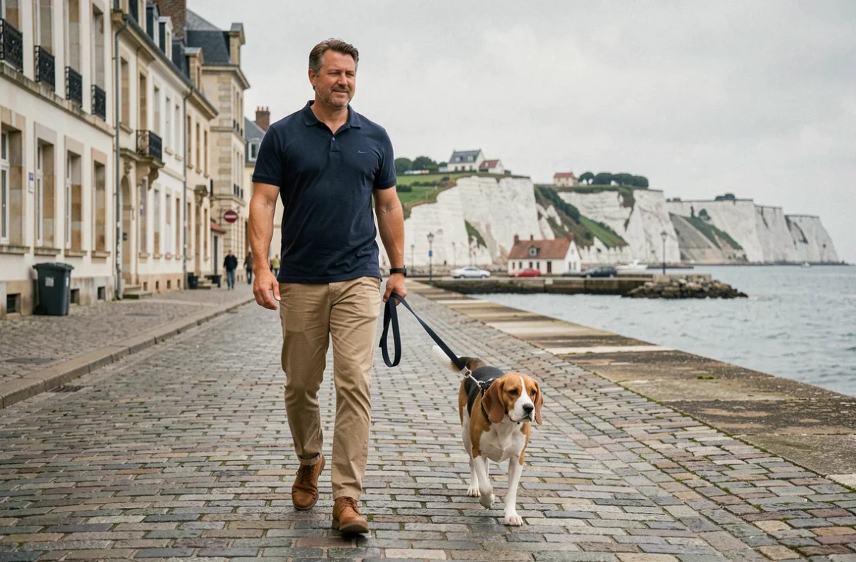 Homme promenant son beagle sur le front de mer de Fécamp en Normandie, falaises de craie et port en arrière-plan