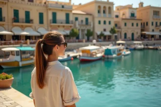 Femme se promenant sur le front de mer de Spinola Bay à Saint-Julien, Malte, avec des bateaux luzzu traditionnels colorés dans le port