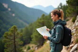 Femme randonneuse avec carte sur un sentier en montagne